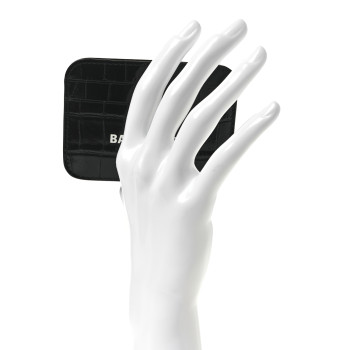 BALENCIAGA Shiny Calfskin Logo Crocodile Embossed Cash Rounded Card Holder  Black White