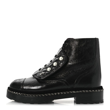 CHANEL Crackled Calfskin Velvet Pearl Combat Short Boots 37 Black