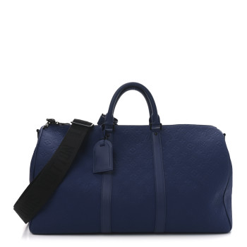 LOUIS VUITTON Embossed Calfskin Monogram Shadow Keepall Bandouliere 50 Navy Blue