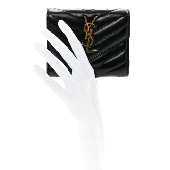 SAINT LAURENT Lambskin Matelasse Chevron Monogram Compact Tri Fold Wallet Black