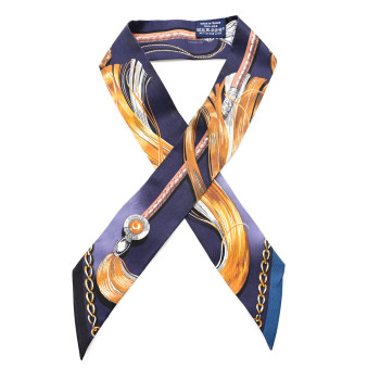 HERMES Silk Cavalcades Twilly Marine Gold Gris
