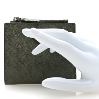 PRADA Saffiano Zip Top Compact Wallet Dark Green