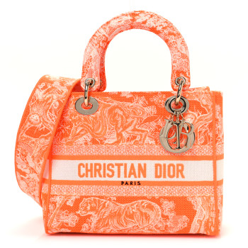 CHRISTIAN DIOR Canvas Toile De Jouy Reverse Embroidered Medium Lady D-Lite Fluorescent Orange