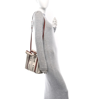 CHLOE Cotton Calfskin Small Woody Ribbon Tote With Strap White Brown
