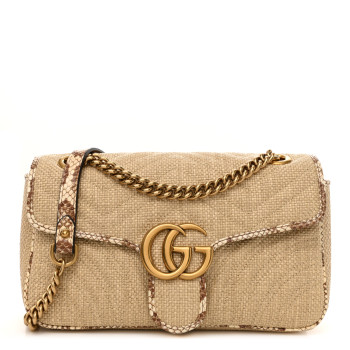 GUCCI Raffia Elaphe Matelasse Small GG Marmont Shoulder Bag Natural Cream Brown