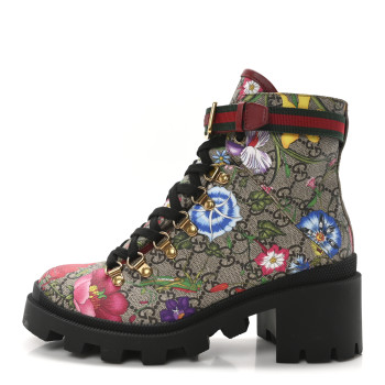 GUCCI GG Supreme Monogram Flora Lace Up Combat Ankle Boots 37.5 Beige Multicolor Red