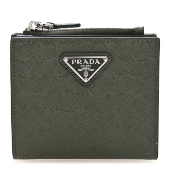 PRADA Saffiano Zip Top Compact Wallet Dark Green