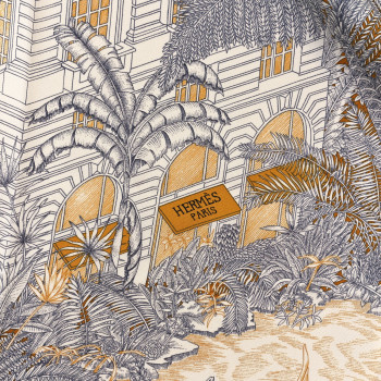 HERMES Silk Faubourg Tropical Scarf 90 Sepia White Caramel