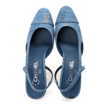CHANEL Denim Cap Toe Denim Mood Slingback Pumps 39 Blue Multicolor