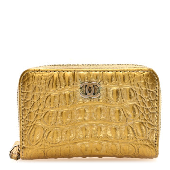 CHANEL Metallic Calfskin Crocodile Embossed Cocodile Zip Coin Case Gold