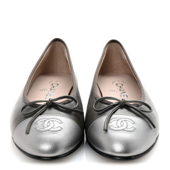 CHANEL Calfskin Metallic Goatskin CC Cap Toe Ballerina Flats 37.5 Gris Argent