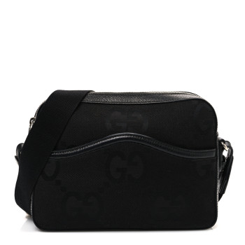 GUCCI Monogram Jumbo GG Textured Dollar Calfskin Web Messenger Shoulder Bag Black