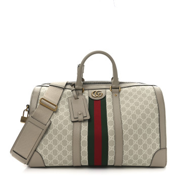 GUCCI GG Supreme Monogram Textured Dollar Calfskin Web Medium Savoy Duffle Bag Beige Mystic White Oatmeal