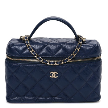 CHANEL Caviar Quilted Top Handle Slim Vanity With Chain Navy