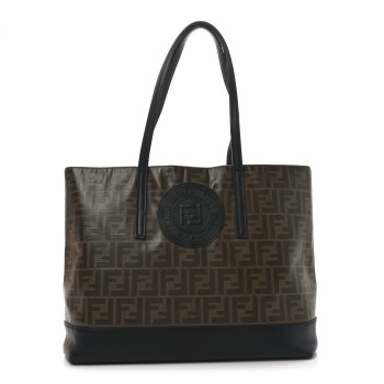 FENDI Glazed Fabric Vitello Century FF 1974 Stamp Patch Shopping Tote Mogano Panna Black