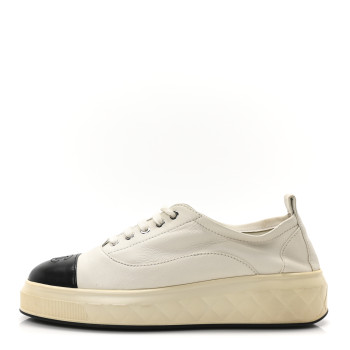 CHANEL Lambskin Cap Toe CC Sneakers 39.5 White Black