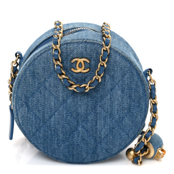 CHANEL Denim Quilted Round Pearl Crush Clutch With Chain Blue