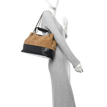 CHANEL Suede Shiny Lambskin Quilted Small Shopping Bag Beige Black