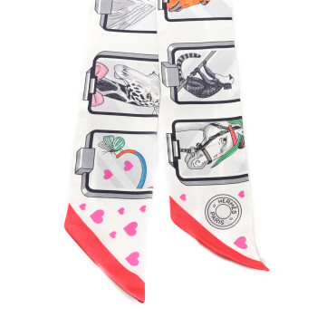 HERMES Silk Story Twilly White Gris Rouge