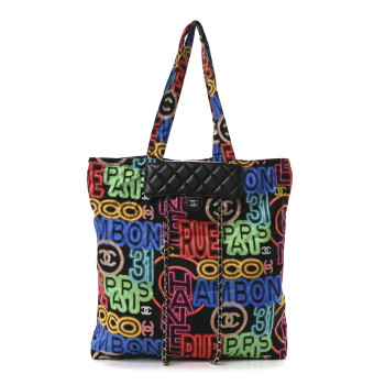 CHANEL Caviar Fabric Graffiti Foldable Tote Bag With Chain Black Multicolor