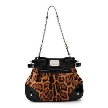 DOLCE & GABBANA Calf Hair Leopard Print Patent Miss Silky Satchel Naturale