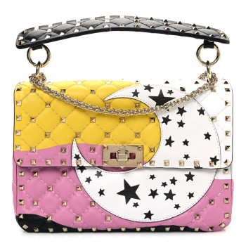 VALENTINO GARAVANI Lambskin Medium Moon And Stars Rockstud Spike Shoulder Bag White Yellow Pink