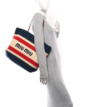 MIU MIU Raffia Crochet Stripe Tote Natural Blue