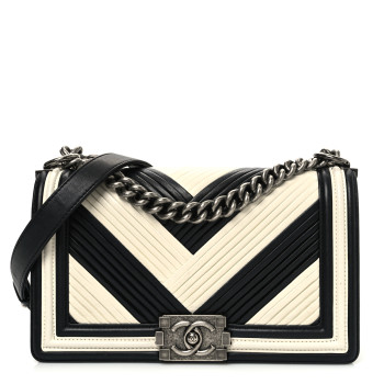 CHANEL Calfskin Pleated Medium Boy In Rome Flap Black White