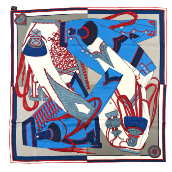 HERMES Silk Zouaves Et Dragons Scarf 90 Gris Bleu Cobalt