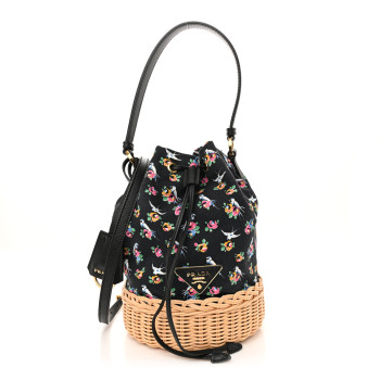 PRADA Wicker Canvas Floral Print Bucket Bag Black Multicolor
