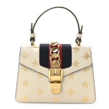 GUCCI Textured Calfskin Bee Star Print Mini Sylvie Top Handle Bag Mystic White