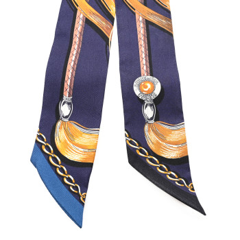 HERMES Silk Cavalcades Twilly Marine Gold Gris