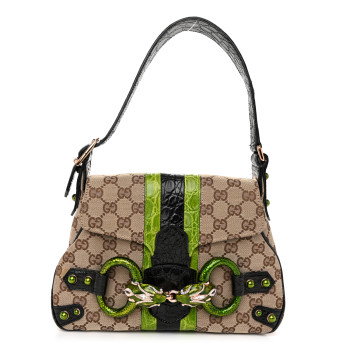 GUCCI Monogram Crocodile Web Tom Ford Dragon Flap Bag Dark Brown Green