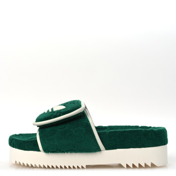 GUCCI X ADIDAS Terry Cloth Trefoil GG Monogram Womens Platform Sandals 38 Green Off White