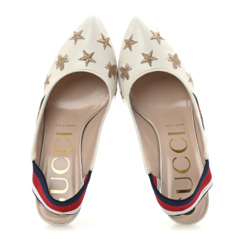 GUCCI Malaga Kid Web Bee Star Embroidered Sylvie Mid Heel Slingback Pumps 37.5 White