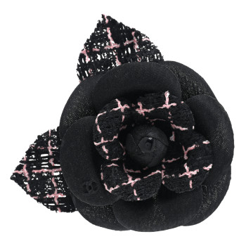CHANEL Tweed Fabric Camellia Pin Brooch Black Pink