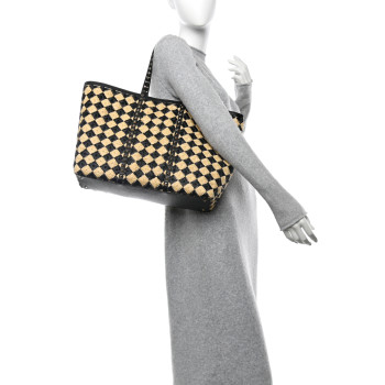 VALENTINO GARAVANI Raffia Embroidered Checkered Calfskin Rockstud Shopping Tote Natural Black