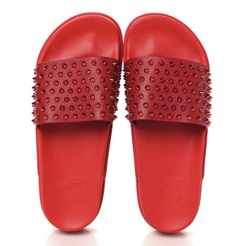 CHRISTIAN LOUBOUTIN LOUBOUTIN Calfskin Spiked Crocodile Embossed Rubber Pool Fun Platform Flat Slide Sandals 44 Red