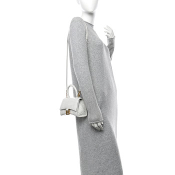 BALENCIAGA Shiny Calfskin Crocodile Embossed Hourglass Top Handle Bag XS White
