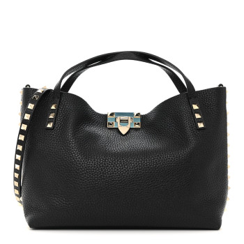 VALENTINO GARAVANI Grained Calfskin Small Rockstud Flip Lock Tote Black Rose Quartz