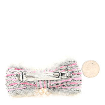 CHANEL Metallic Tweed Pearl Bow Barrette Grey Pink