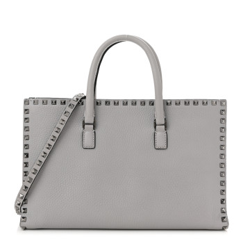 VALENTINO GARAVANI Grained Calfskin Medium Rockstud Double Handle Horizontal Tote Pastel Grey