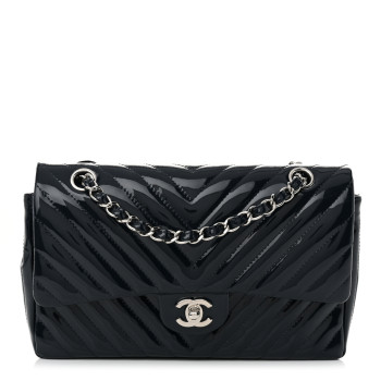 CHANEL Patent Chevron Quilted Medium Double Flap Navy