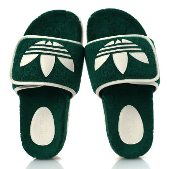 GUCCI X ADIDAS Terry Cloth Trefoil GG Monogram Womens Platform Sandals 38 Green Off White