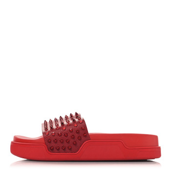 CHRISTIAN LOUBOUTIN LOUBOUTIN Calfskin Spiked Crocodile Embossed Rubber Pool Fun Platform Flat Slide Sandals 44 Red