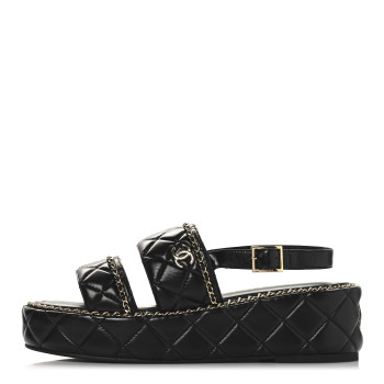 CHANEL Shiny Lambskin Quilted Chain Around CC Platform Sandals 39 Black