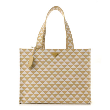 PRADA Jacquard Saffiano Triangolo Symbole Embroidered Shopping Tote Corda Talco