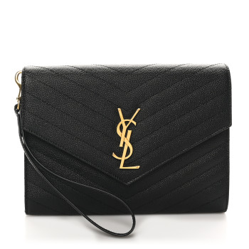 SAINT LAURENT Grain De Poudre Matelasse Chevron Monogram Envelope Clutch Black