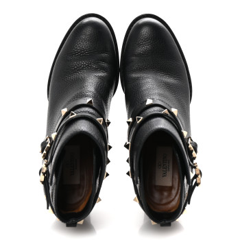 VALENTINO GARAVANI Pebbled Calfskin Rockstud Double Buckle 70mm Block Heel Ankle Boots 39.5 Black