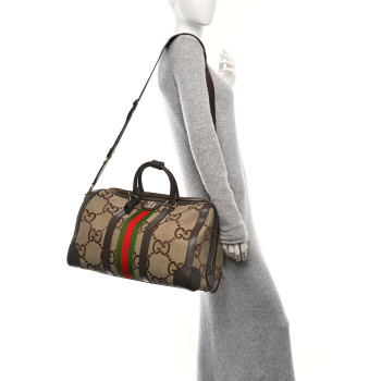 GUCCI Monogram Jumbo GG Textured Dollar Calfskin Web Large Duffle Bag Camel Ebony